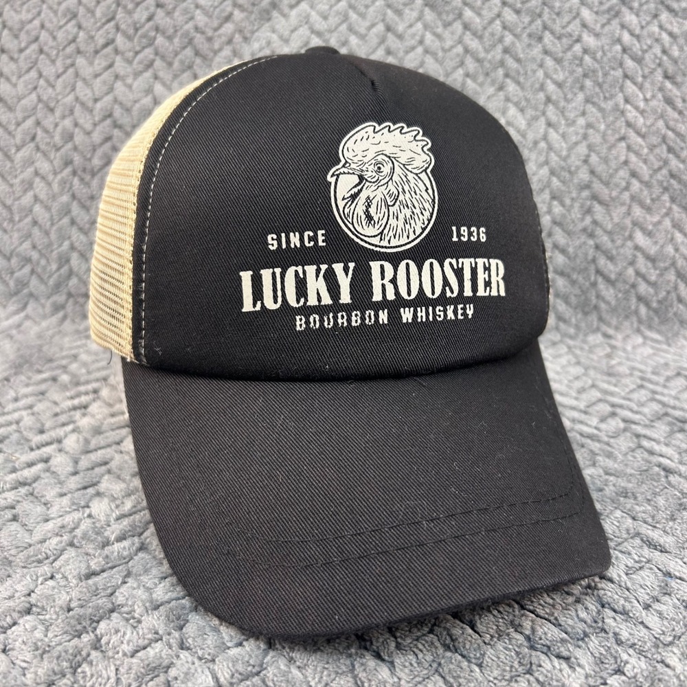 Lucky Rooster Bourbon Whiskey Mens Black Trucker Hat Mesh Snapback Cap OSFA
